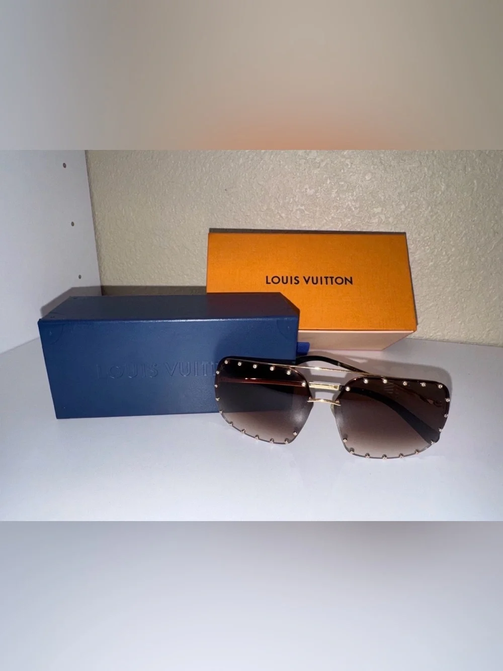 Louis Vuitton Oversized Rimless Studded Sunglasses Brown Gradient Gold Tone